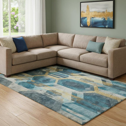 8' X 10' Teal Gold And Silver Geometric Washable Area Rug With UV Protection