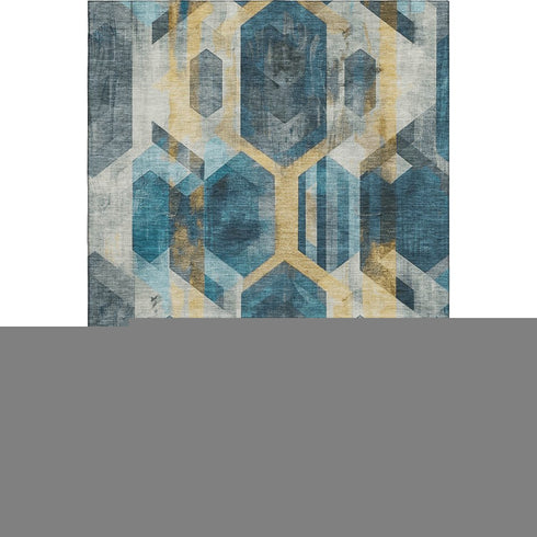 8' X 10' Teal Gold And Silver Geometric Washable Area Rug With UV Protection