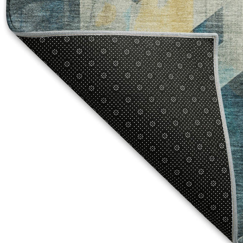 8' X 10' Teal Gold And Silver Geometric Washable Area Rug With UV Protection