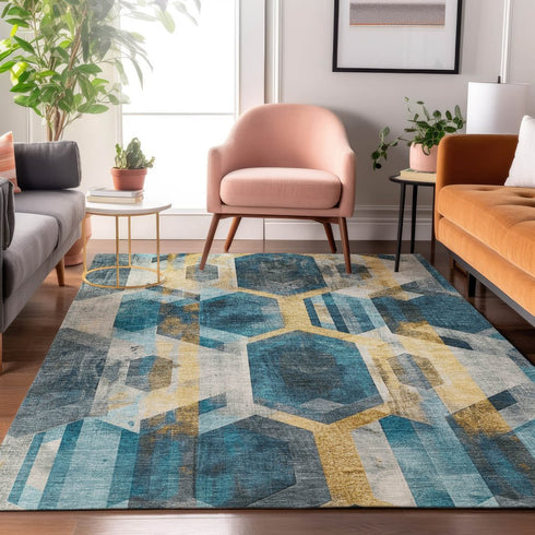 8' X 10' Teal Gold And Silver Geometric Washable Area Rug With UV Protection