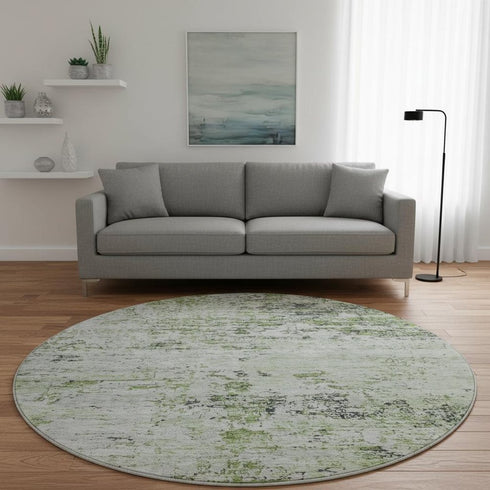 8' Artichoke Green And Ivory Abstract Washable Round Rug With UV Protection