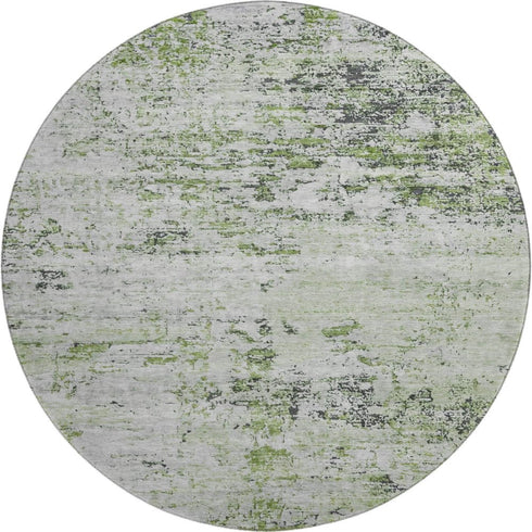 8' Artichoke Green And Ivory Abstract Washable Round Rug With UV Protection