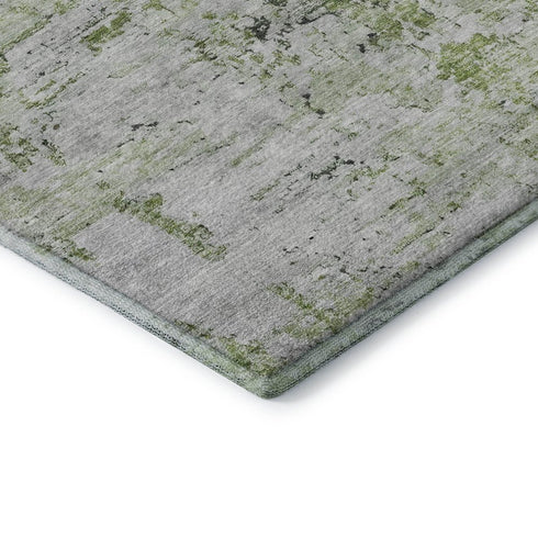 8' Artichoke Green And Ivory Abstract Washable Round Rug With UV Protection