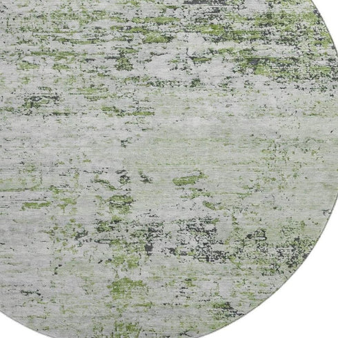 8' Artichoke Green And Ivory Abstract Washable Round Rug With UV Protection