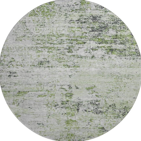 8' Artichoke Green And Ivory Abstract Washable Round Rug With UV Protection