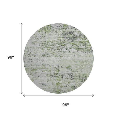 8' Artichoke Green And Ivory Abstract Washable Round Rug With UV Protection