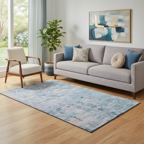 5' X 8' Blue And Lavender Abstract Washable Area Rug With UV Protection