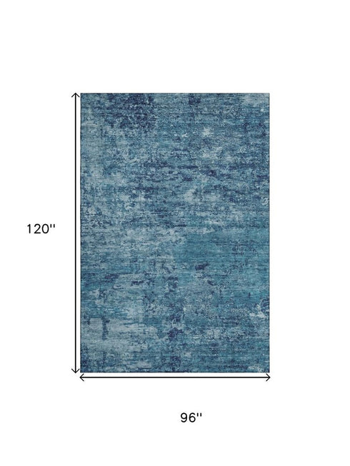 8' X 10' Denim Blue And Ivory Abstract Washable Area Rug With UV Protection