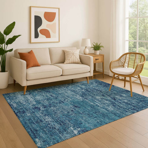 8' X 10' Denim Blue And Ivory Abstract Washable Area Rug With UV Protection