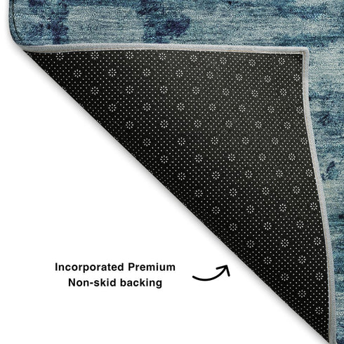 8' X 10' Denim Blue And Ivory Abstract Washable Area Rug With UV Protection