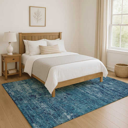 8' X 10' Denim Blue And Ivory Abstract Washable Area Rug With UV Protection