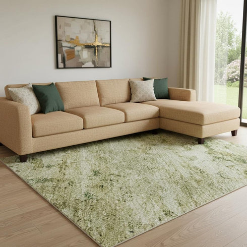 8' X 10' Fern Green And Gold Abstract Washable Area Rug With UV Protection