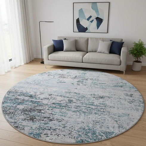 8' Sky Blue Ivory And Gray Abstract Washable Round Rug With UV Protection