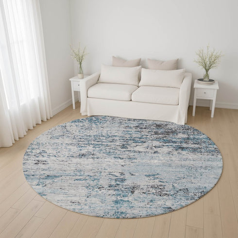 8' Sky Blue Ivory And Gray Abstract Washable Round Rug With UV Protection