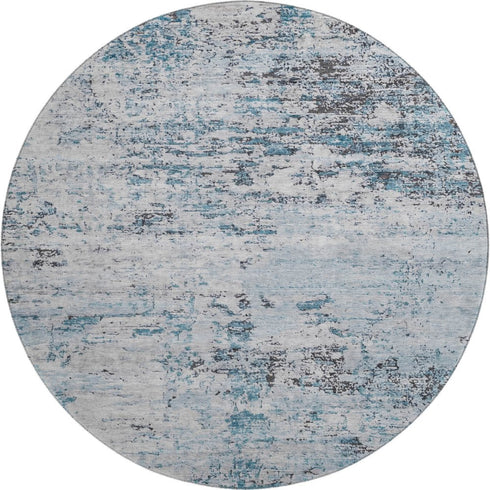 8' Sky Blue Ivory And Gray Abstract Washable Round Rug With UV Protection