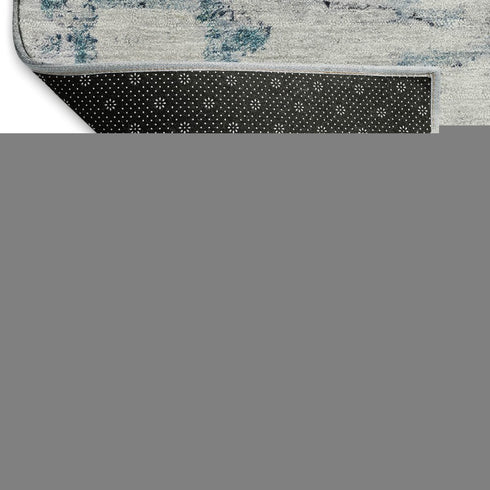 8' Sky Blue Ivory And Gray Abstract Washable Round Rug With UV Protection