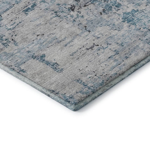 8' Sky Blue Ivory And Gray Abstract Washable Round Rug With UV Protection
