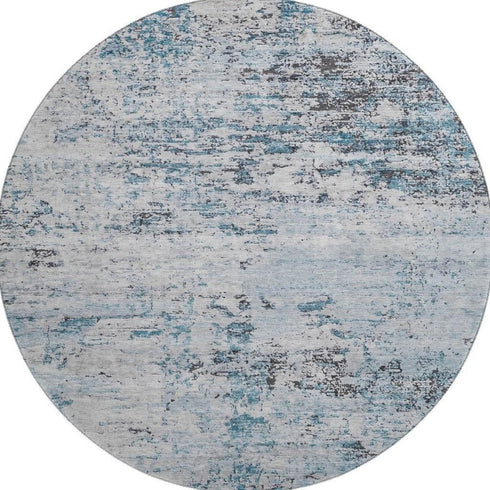 8' Sky Blue Ivory And Gray Abstract Washable Round Rug With UV Protection