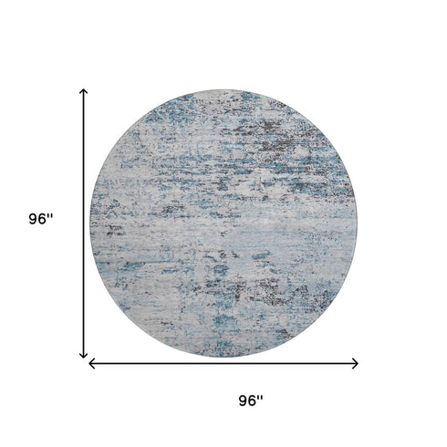 8' Sky Blue Ivory And Gray Abstract Washable Round Rug With UV Protection