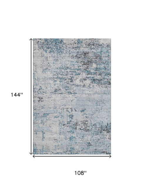 9' X 12' Sky Blue Ivory And Gray Abstract Washable Area Rug With UV Protection