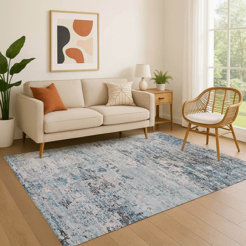 9' X 12' Sky Blue Ivory And Gray Abstract Washable Area Rug With UV Protection