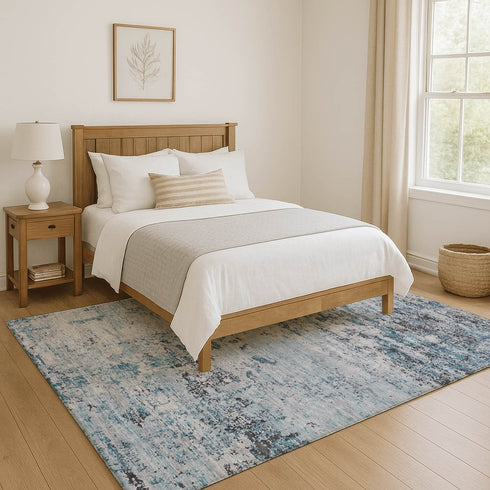 9' X 12' Sky Blue Ivory And Gray Abstract Washable Area Rug With UV Protection