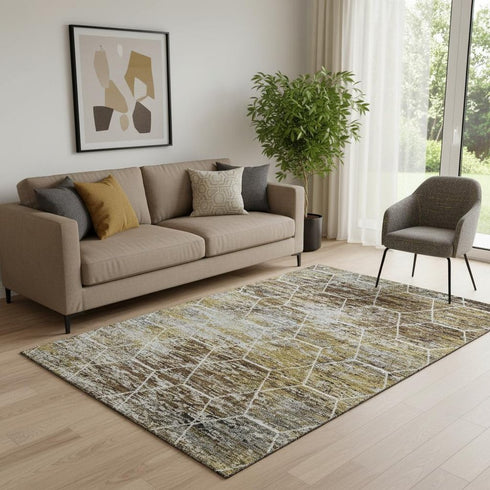 5' X 8' Brown Gold And Ivory Geometric Washable Area Rug With UV Protection