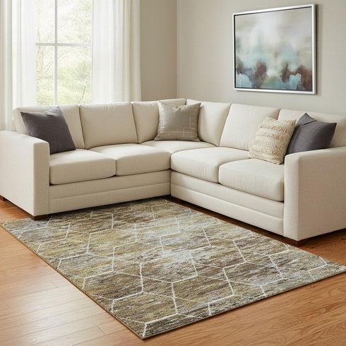 8' X 10' Brown Gold And Ivory Geometric Washable Area Rug With UV Protection