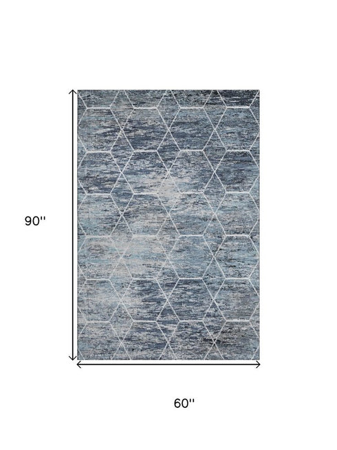 5' X 8' Blue Ivory And Gray Geometric Washable Area Rug With UV Protection