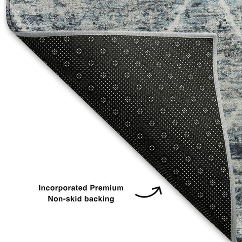 5' X 8' Blue Ivory And Gray Geometric Washable Area Rug With UV Protection