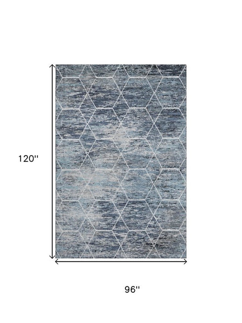 8' X 10' Blue Ivory And Gray Geometric Washable Area Rug With UV Protection