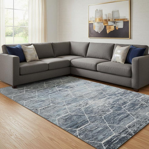 8' X 10' Blue Ivory And Gray Geometric Washable Area Rug With UV Protection