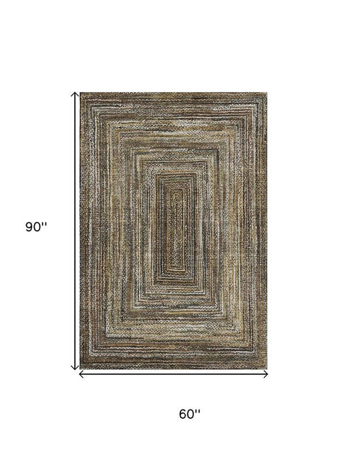 5' X 8' Brown Beige And Gold Geometric Washable Area Rug With UV Protection
