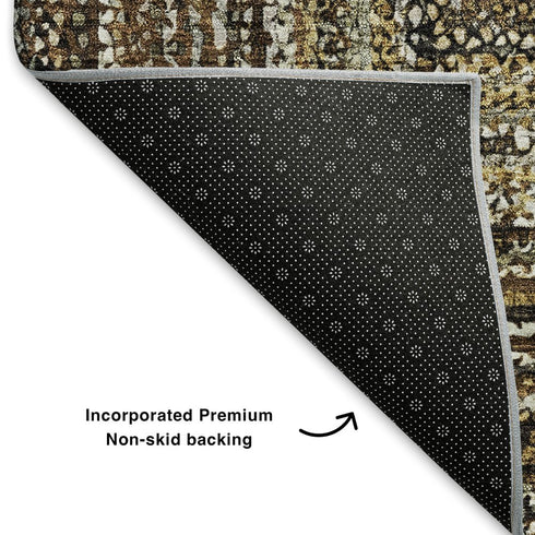 5' X 8' Brown Beige And Gold Geometric Washable Area Rug With UV Protection