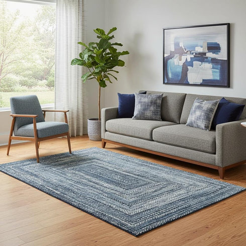 5' X 8' Blue And Gray Geometric Washable Area Rug With UV Protection