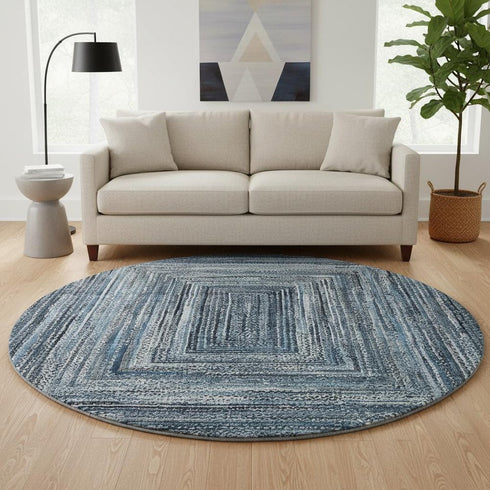 8' Blue And Gray Geometric Washable Round Rug With UV Protection