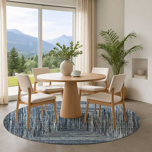 8' Blue And Gray Geometric Washable Round Rug With UV Protection