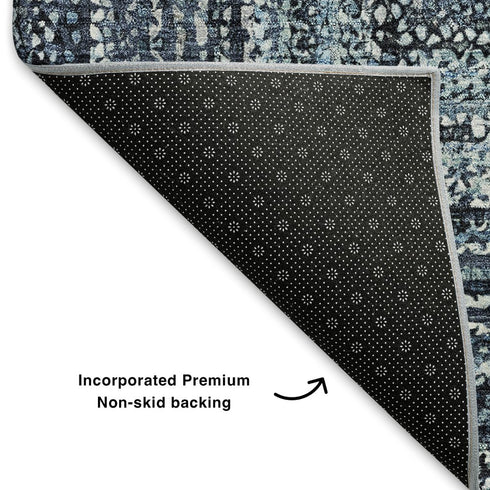 8' Blue And Gray Geometric Washable Round Rug With UV Protection