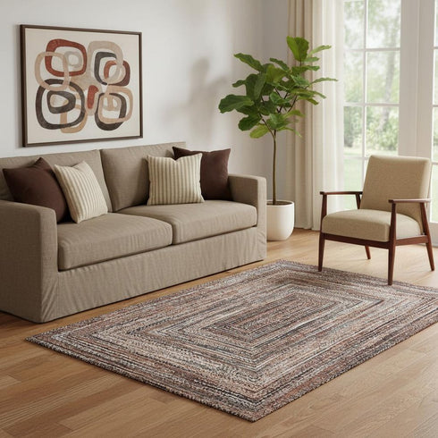 5' X 8' Terra Cotta And Beige Geometric Washable Area Rug With UV Protection