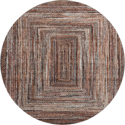8' Terra Cotta And Beige Geometric Washable Round Rug With UV Protection