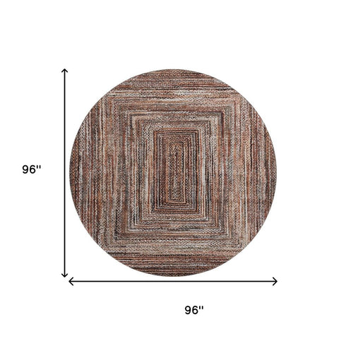 8' Terra Cotta And Beige Geometric Washable Round Rug With UV Protection