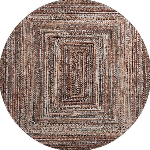 8' Terra Cotta And Beige Geometric Washable Round Rug With UV Protection