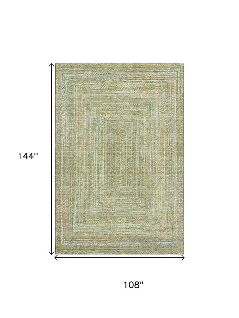 9' X 12' Artichoke Green And Blue Geometric Washable Area Rug With UV Protection
