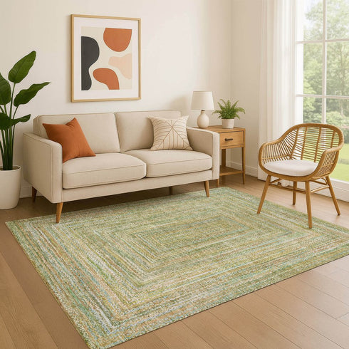 9' X 12' Artichoke Green And Blue Geometric Washable Area Rug With UV Protection