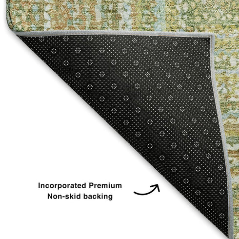 9' X 12' Artichoke Green And Blue Geometric Washable Area Rug With UV Protection