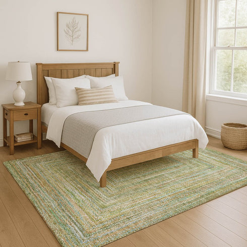 9' X 12' Artichoke Green And Blue Geometric Washable Area Rug With UV Protection
