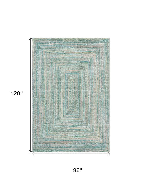 8' X 10' Teal And Ivory Geometric Washable Area Rug With UV Protection