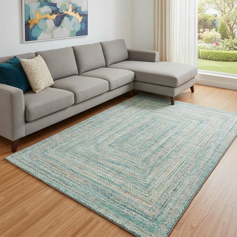 8' X 10' Teal And Ivory Geometric Washable Area Rug With UV Protection