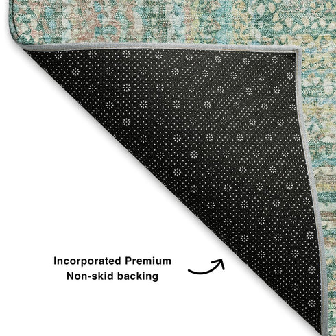 8' X 10' Teal And Ivory Geometric Washable Area Rug With UV Protection