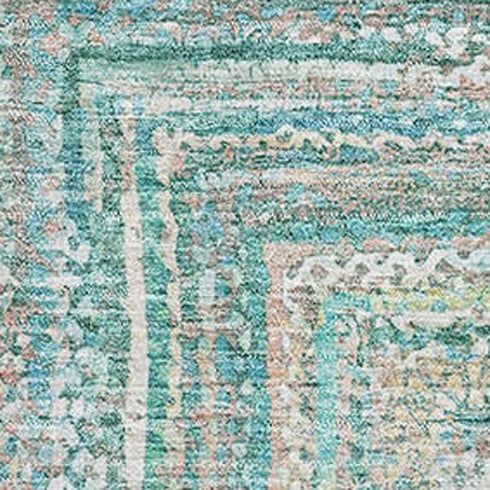 8' X 10' Teal And Ivory Geometric Washable Area Rug With UV Protection